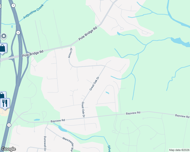 map of restaurants, bars, coffee shops, grocery stores, and more near 314 Great Oak Drive in Middletown