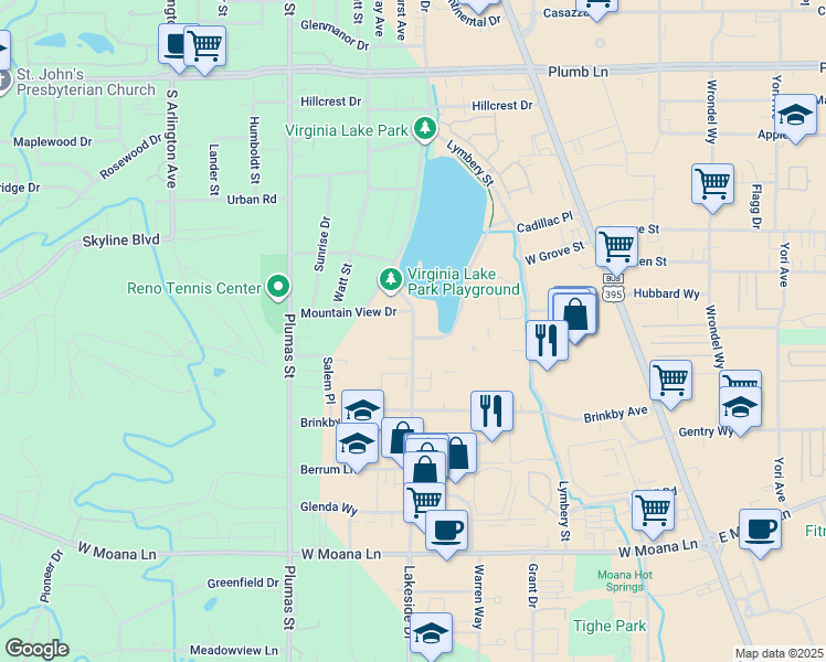 map of restaurants, bars, coffee shops, grocery stores, and more near 2665 Lakeside Drive in Reno
