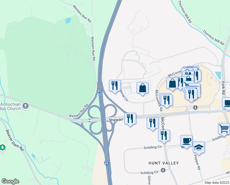 map of restaurants, bars, coffee shops, grocery stores, and more near 221 International Circle in Cockeysville