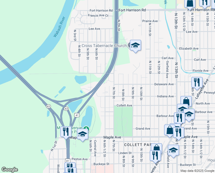 map of restaurants, bars, coffee shops, grocery stores, and more near 2535 North 6th 1/2 Street in Terre Haute