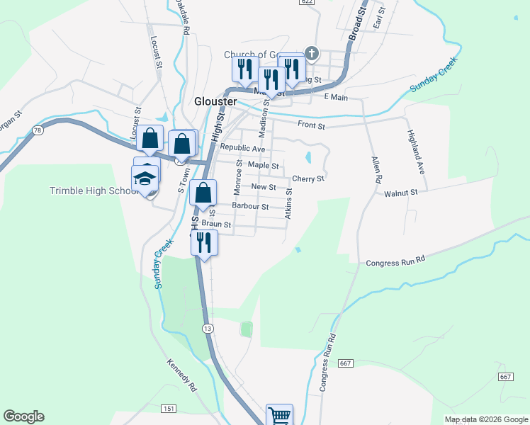 map of restaurants, bars, coffee shops, grocery stores, and more near 40 Barbour St in Glouster