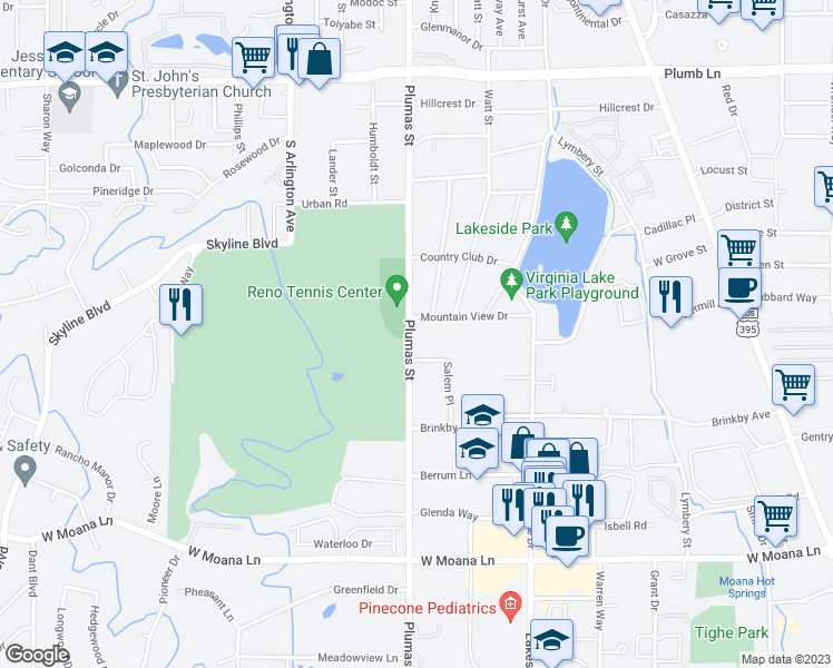 map of restaurants, bars, coffee shops, grocery stores, and more near 2650 Plumas Street in Reno