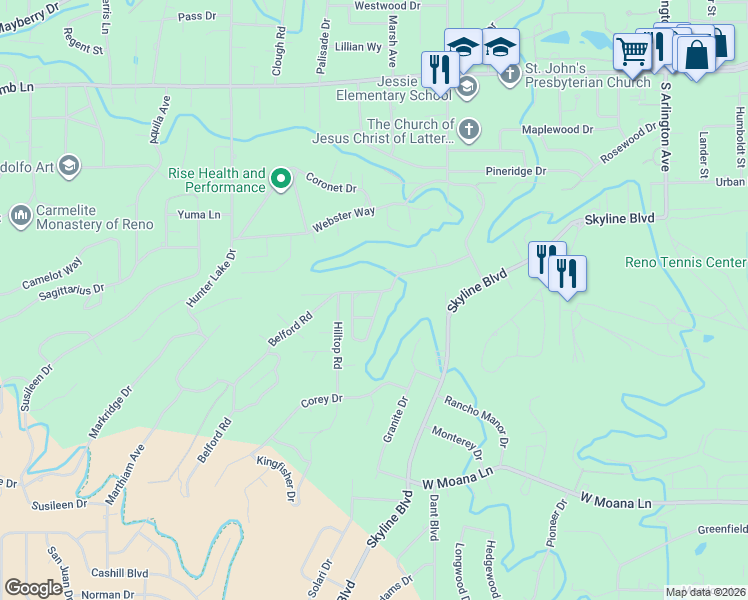 map of restaurants, bars, coffee shops, grocery stores, and more near 2600 Outlook Drive in Reno