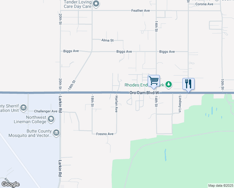 map of restaurants, bars, coffee shops, grocery stores, and more near 1668 Oroville Dam Boulevard West in Oroville