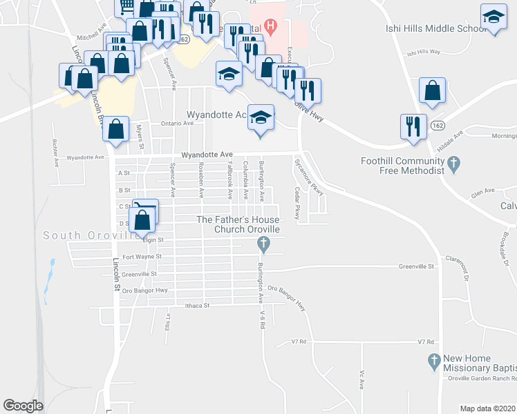 map of restaurants, bars, coffee shops, grocery stores, and more near 3462 Burlington Avenue in Oroville