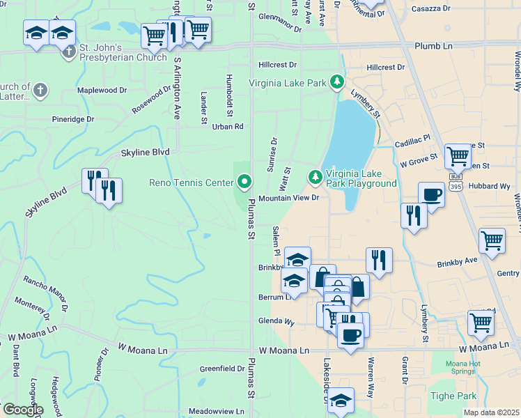 map of restaurants, bars, coffee shops, grocery stores, and more near 2650 Plumas Street in Reno