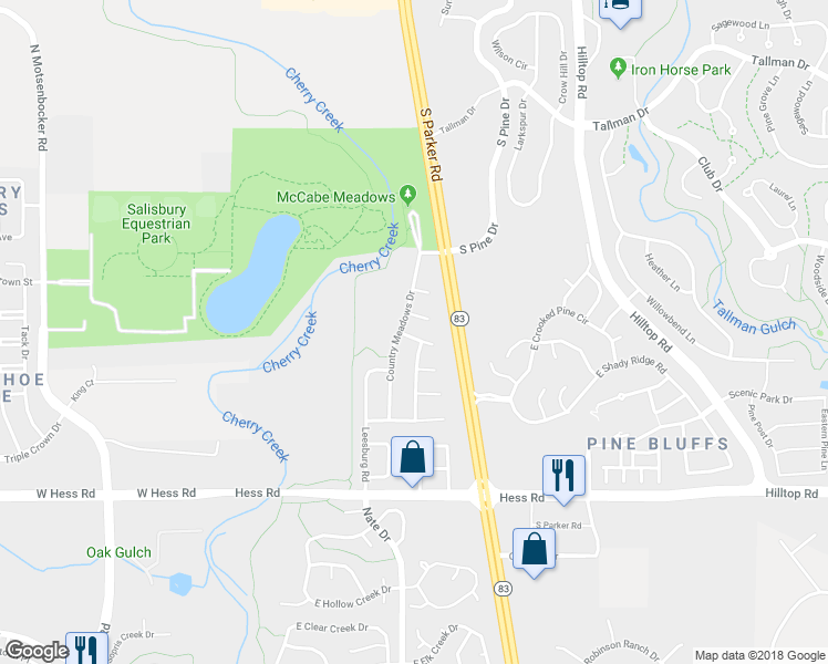 map of restaurants, bars, coffee shops, grocery stores, and more near 19711 Centerville Court in Parker