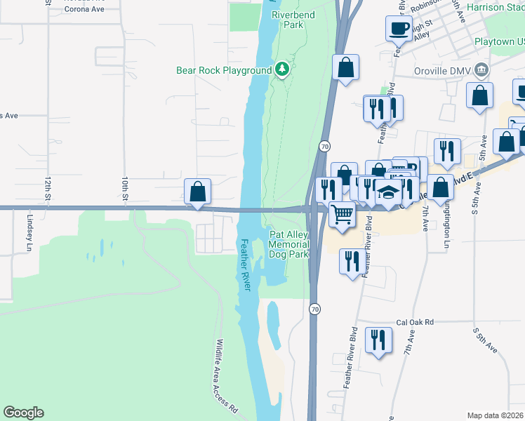 map of restaurants, bars, coffee shops, grocery stores, and more near 675 Oro Dam Boulevard West in Oroville