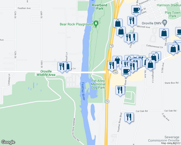 map of restaurants, bars, coffee shops, grocery stores, and more near 641 Oroville Dam Boulevard West in Oroville