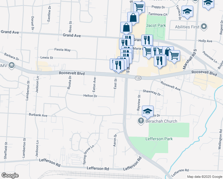 map of restaurants, bars, coffee shops, grocery stores, and more near 1504 East Street in Middletown