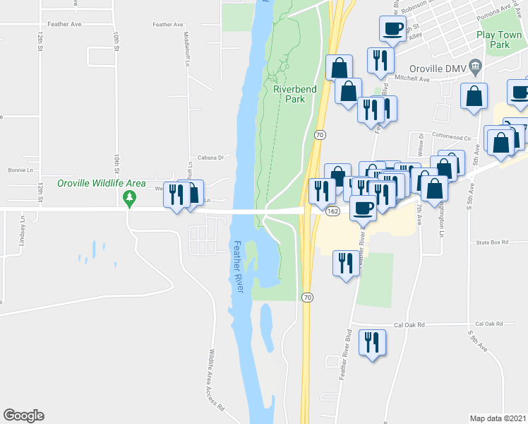 map of restaurants, bars, coffee shops, grocery stores, and more near 607 Oroville Dam Boulevard West in Oroville