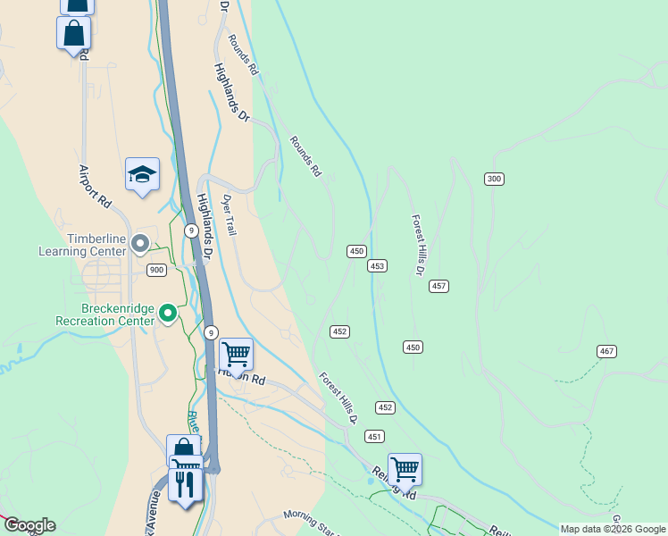 map of restaurants, bars, coffee shops, grocery stores, and more near 43 Rounds Road in Breckenridge