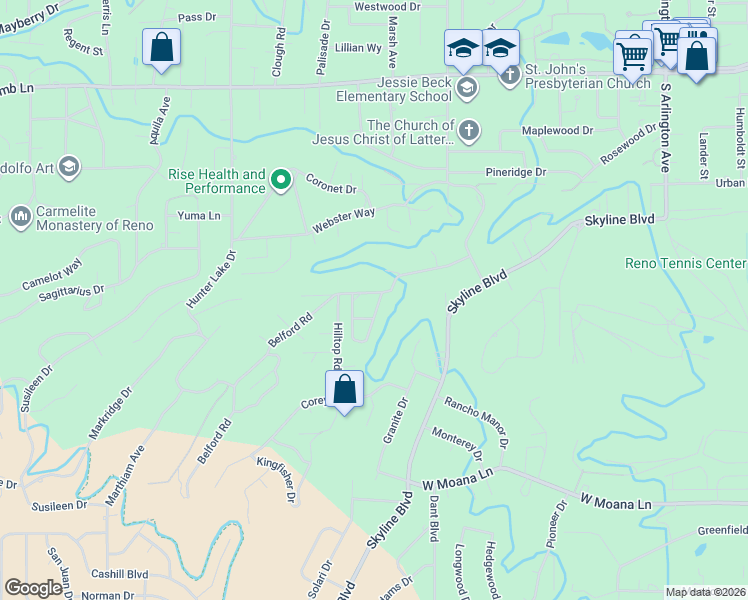 map of restaurants, bars, coffee shops, grocery stores, and more near 2600 Outlook Drive in Reno
