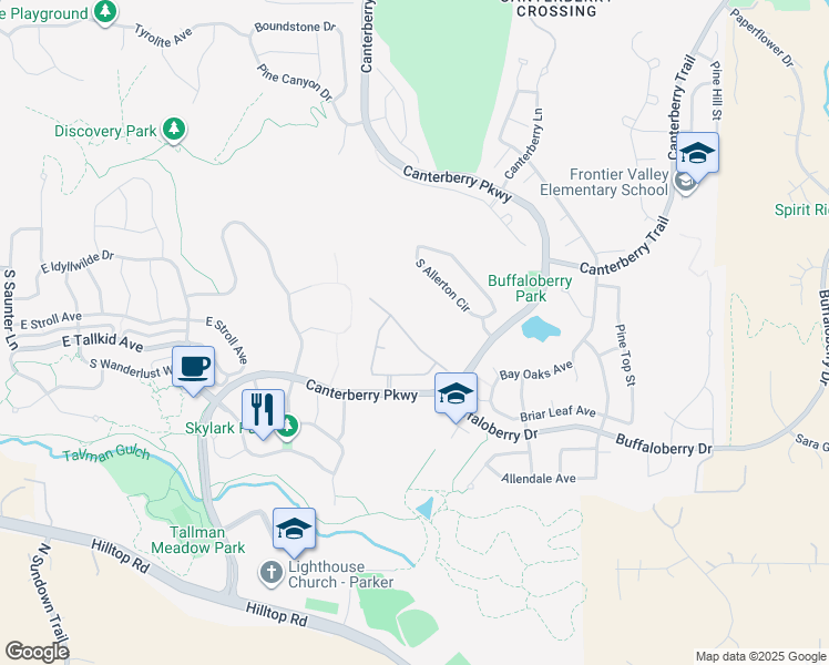 map of restaurants, bars, coffee shops, grocery stores, and more near 11990 Singing Winds Street in Parker