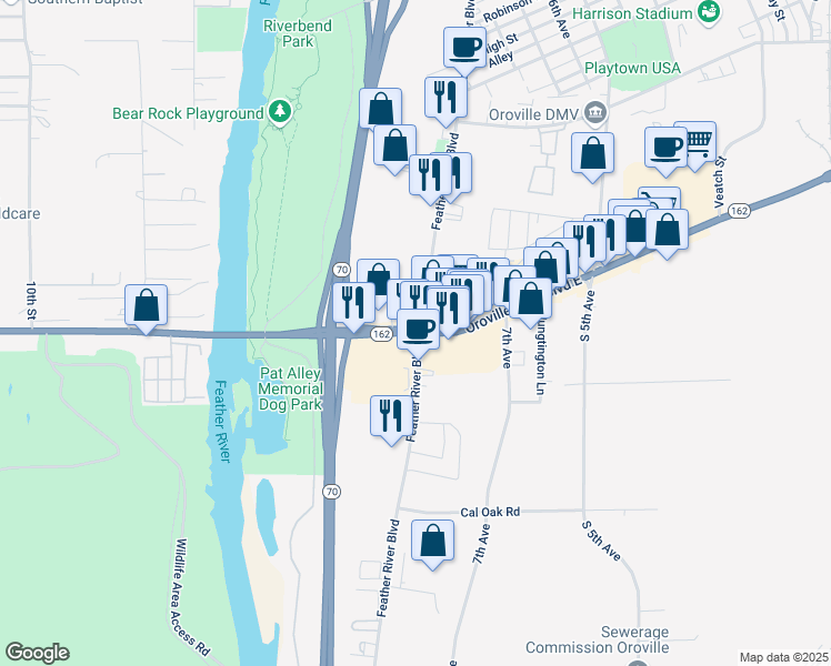 map of restaurants, bars, coffee shops, grocery stores, and more near 365 Oroville Dam Boulevard East in Oroville