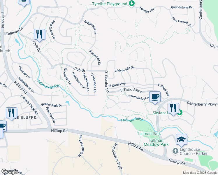 map of restaurants, bars, coffee shops, grocery stores, and more near 21418 East Stroll Avenue in Parker