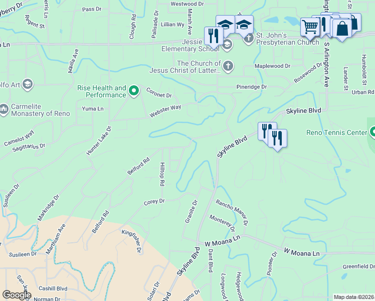 map of restaurants, bars, coffee shops, grocery stores, and more near 2600 Outlook Drive in Reno