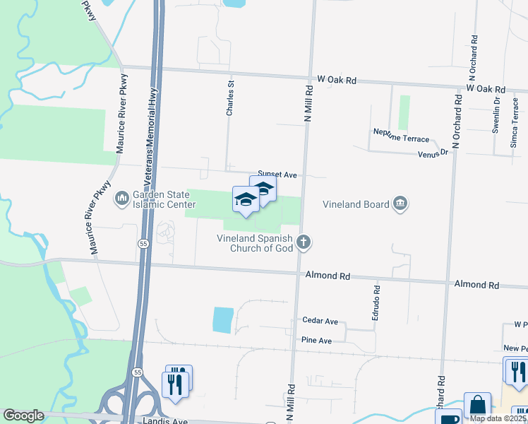 map of restaurants, bars, coffee shops, grocery stores, and more near 688 North Mill Road in Vineland