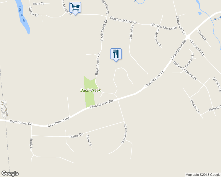 map of restaurants, bars, coffee shops, grocery stores, and more near 105 Back Creek Drive in Middletown