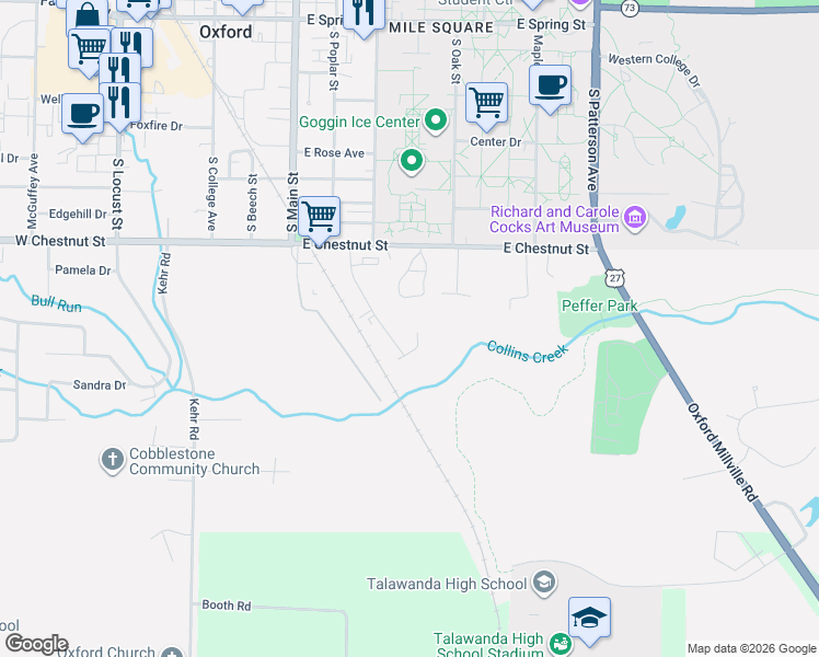 map of restaurants, bars, coffee shops, grocery stores, and more near 120 Acorn Circle in Oxford