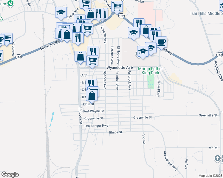 map of restaurants, bars, coffee shops, grocery stores, and more near 2254 C Street in Oroville