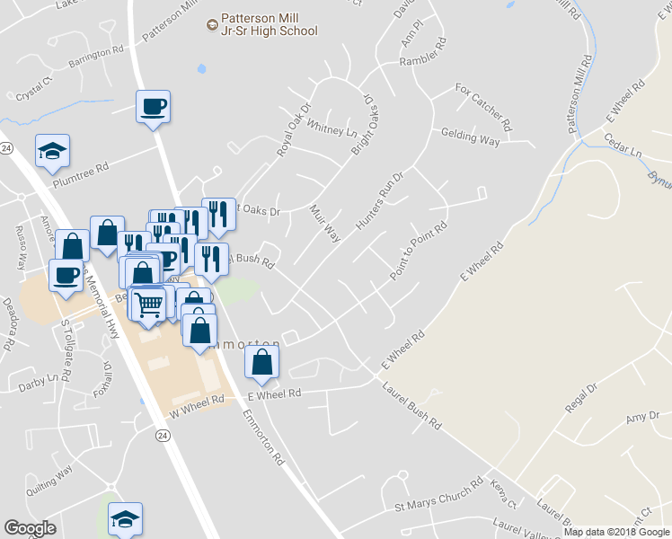 map of restaurants, bars, coffee shops, grocery stores, and more near 2201 Grey Fox Court in Bel Air