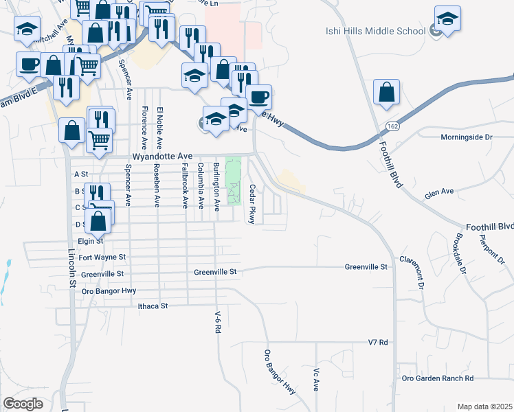 map of restaurants, bars, coffee shops, grocery stores, and more near 182 Cedar Parkway in Oroville