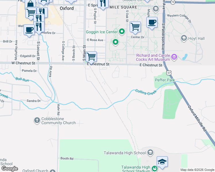 map of restaurants, bars, coffee shops, grocery stores, and more near 1018 Arrowhead Drive in Oxford