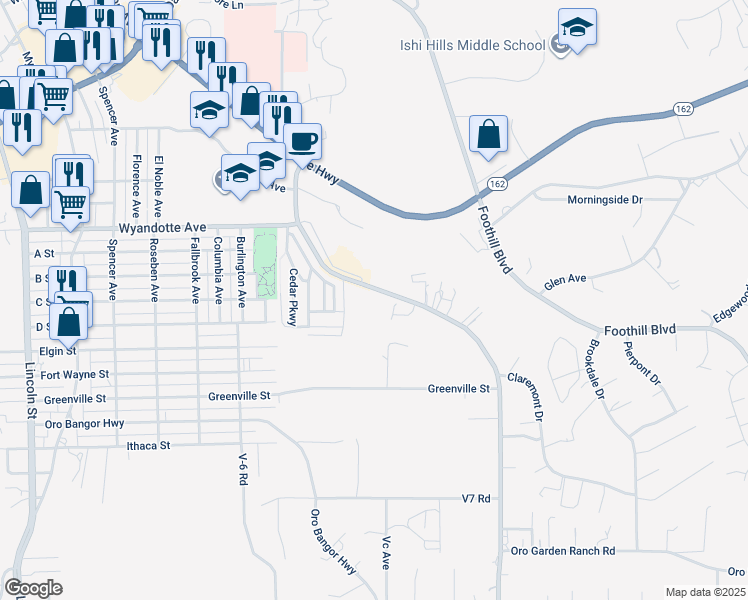 map of restaurants, bars, coffee shops, grocery stores, and more near 2990 Lower Wyandotte Road in Oroville