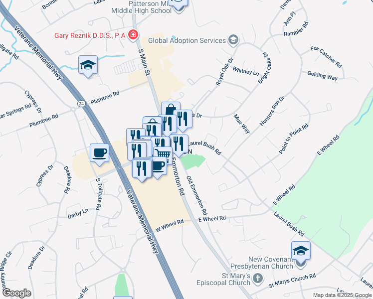 map of restaurants, bars, coffee shops, grocery stores, and more near 2100 Laurel Bush Road in Bel Air