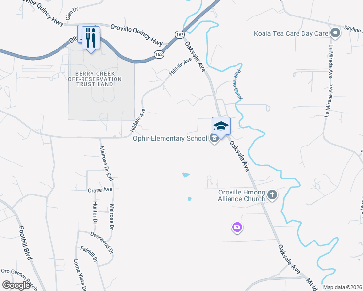 map of restaurants, bars, coffee shops, grocery stores, and more near 83 Gopher Road in Oroville