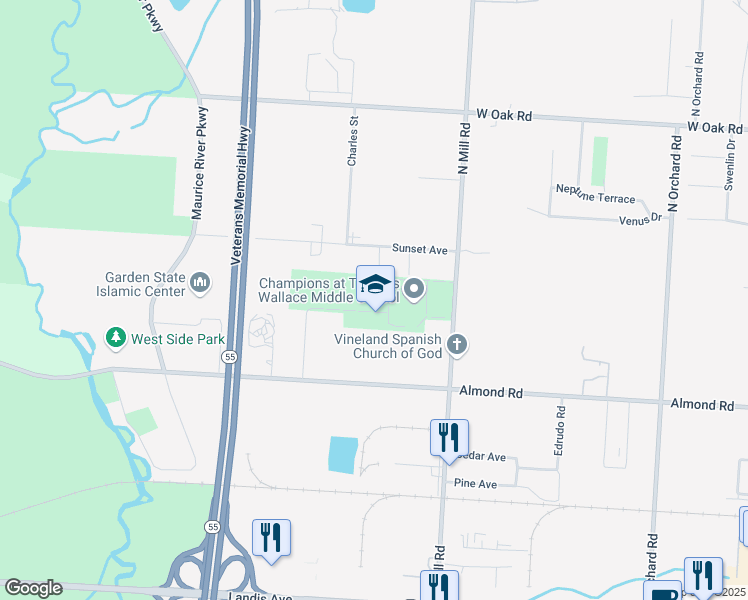 map of restaurants, bars, coffee shops, grocery stores, and more near 688 North Mill Road in Vineland