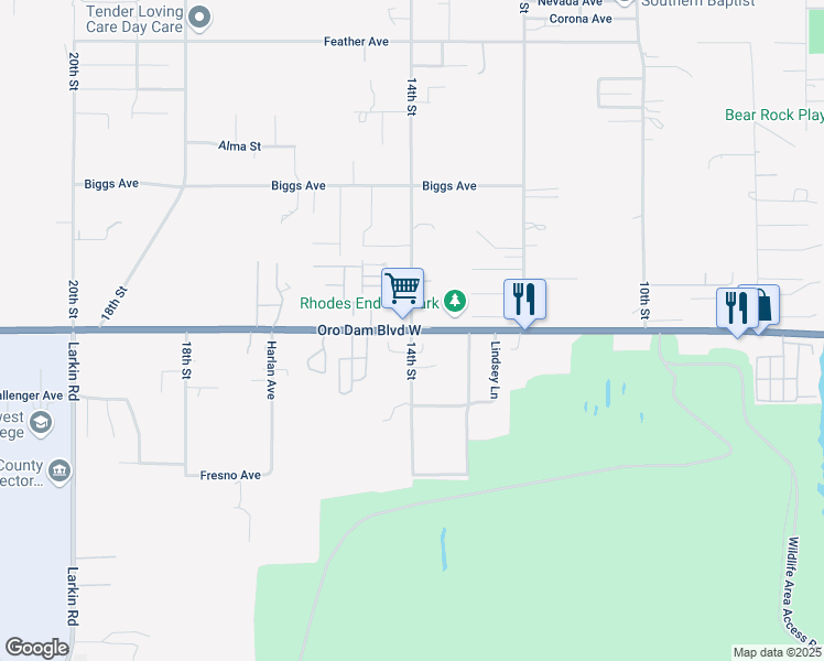 map of restaurants, bars, coffee shops, grocery stores, and more near Oro Dam Boulevard West & 14th Street in Oroville