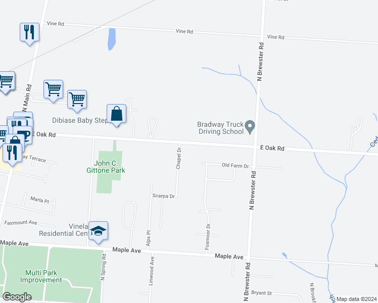 map of restaurants, bars, coffee shops, grocery stores, and more near 2369 East Oak Road in Vineland