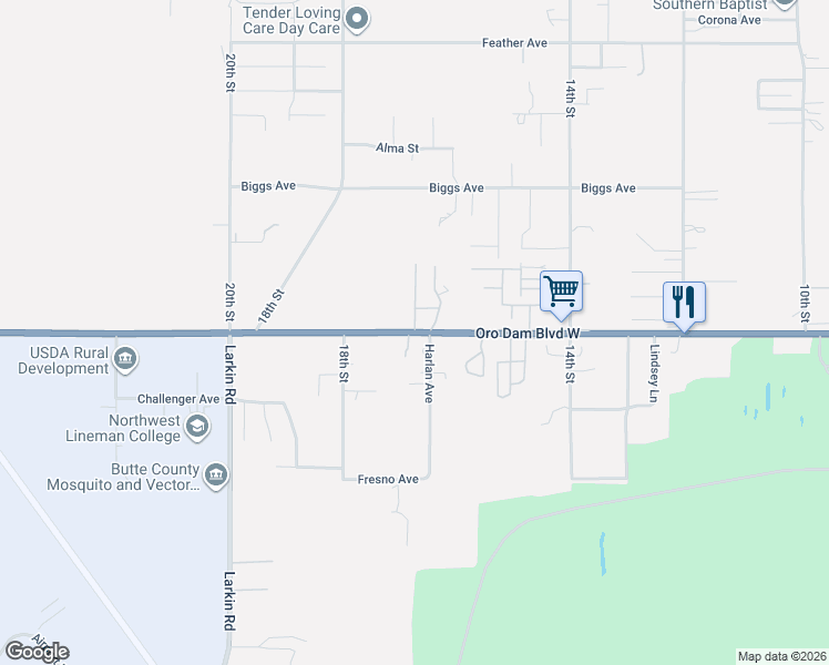 map of restaurants, bars, coffee shops, grocery stores, and more near Oro Dam Boulevard West in Oroville