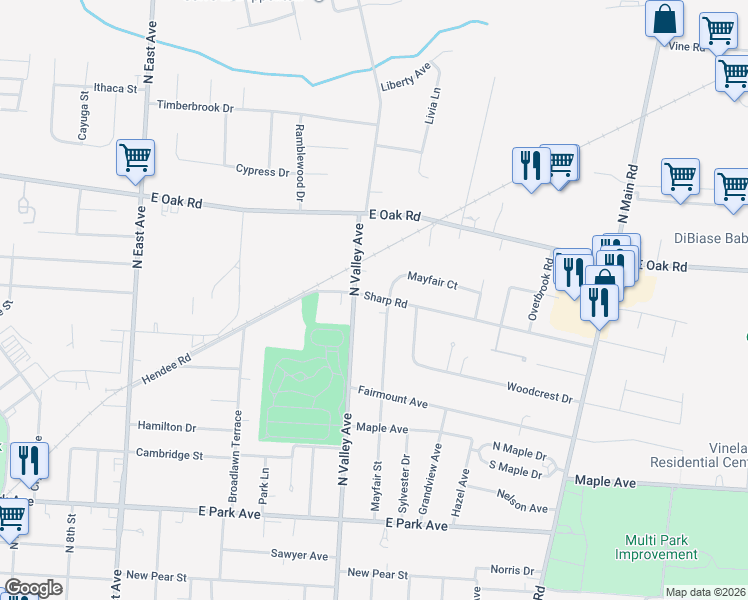 map of restaurants, bars, coffee shops, grocery stores, and more near 587 North Valley Avenue in Vineland