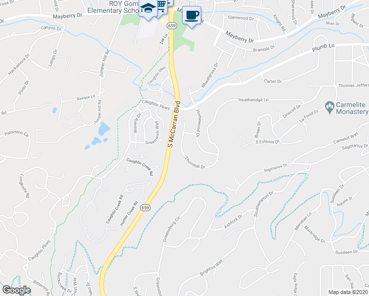 map of restaurants, bars, coffee shops, grocery stores, and more near 3365 Thornhill Drive in Reno