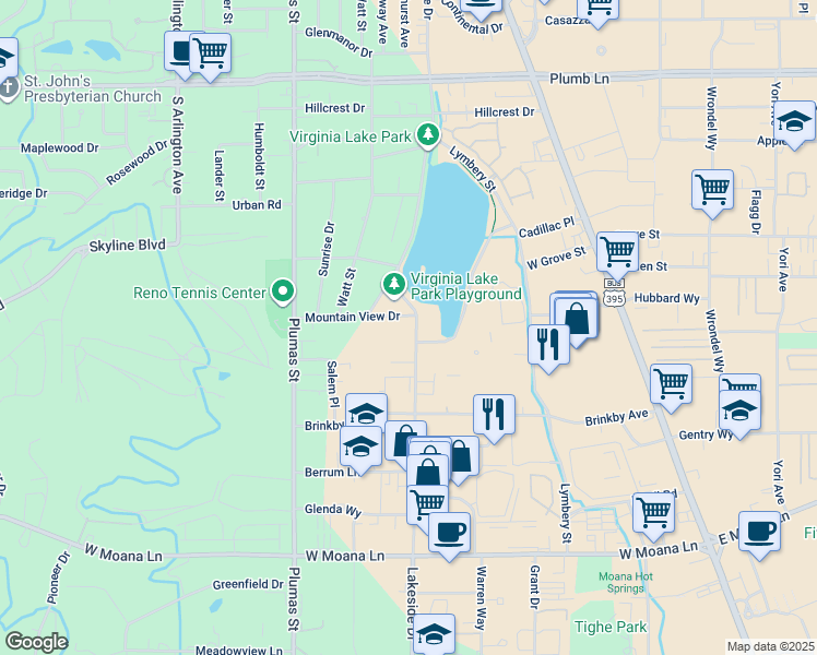 map of restaurants, bars, coffee shops, grocery stores, and more near 2665 Lakeside Drive in Reno