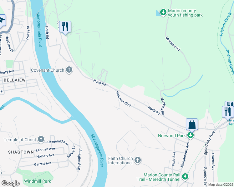 map of restaurants, bars, coffee shops, grocery stores, and more near 708 Hoult Road in Fairmont