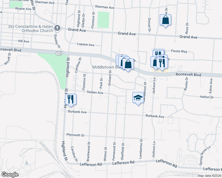 map of restaurants, bars, coffee shops, grocery stores, and more near 1609 Orchard Street in Middletown