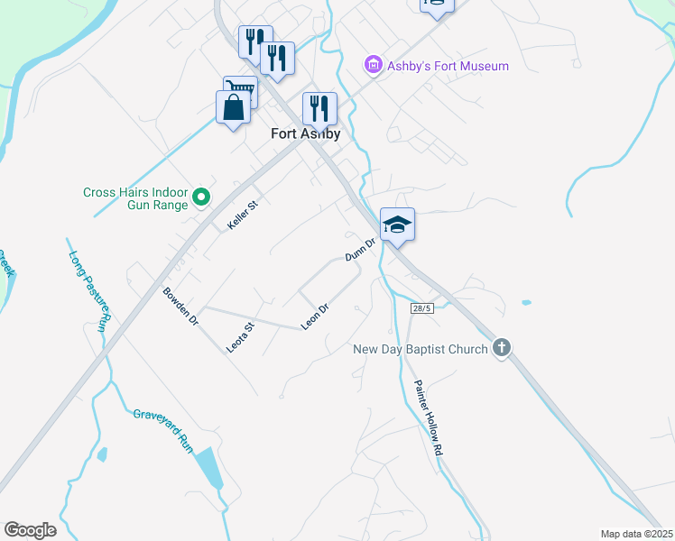 map of restaurants, bars, coffee shops, grocery stores, and more near 70 Leon Drive in Fort Ashby