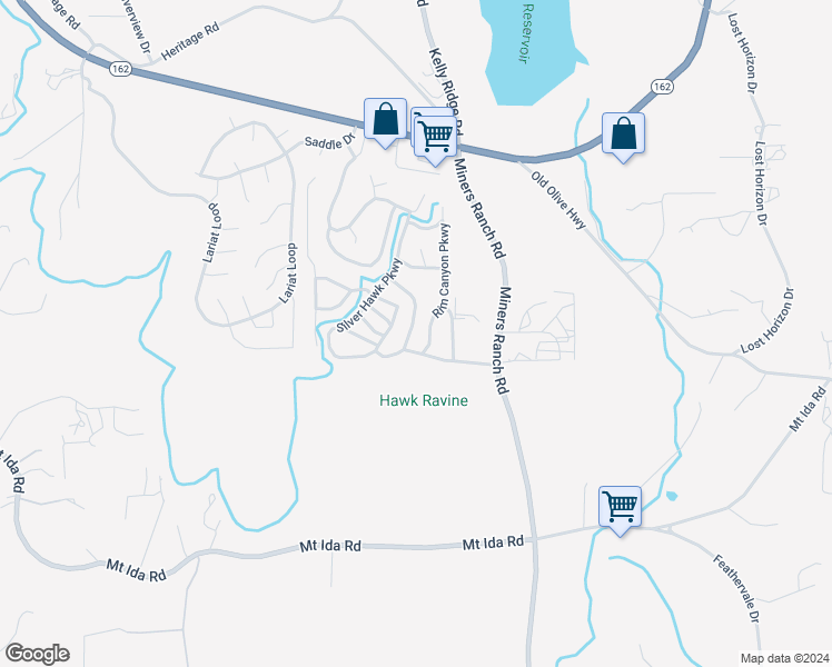map of restaurants, bars, coffee shops, grocery stores, and more near 329 Ridgecrest Parkway in Oroville