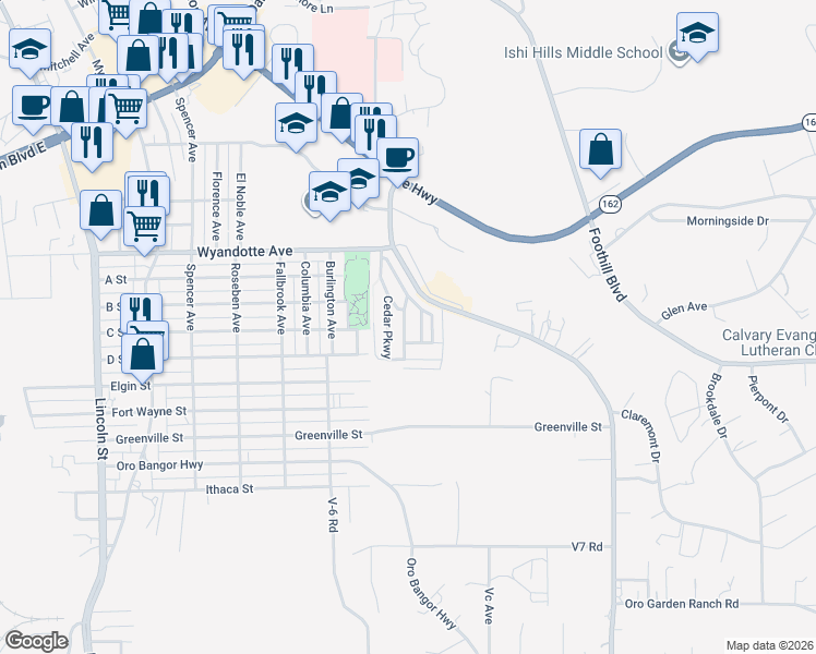 map of restaurants, bars, coffee shops, grocery stores, and more near 159 Willow Parkway in Oroville