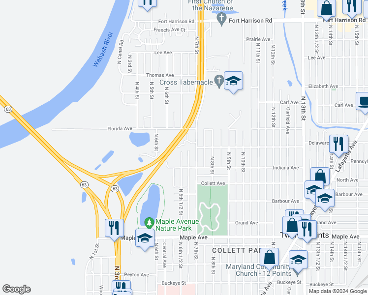 map of restaurants, bars, coffee shops, grocery stores, and more near 676 Delaware Avenue in Terre Haute