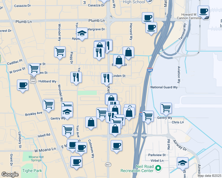 map of restaurants, bars, coffee shops, grocery stores, and more near 2720 Kietzke Lane in Reno