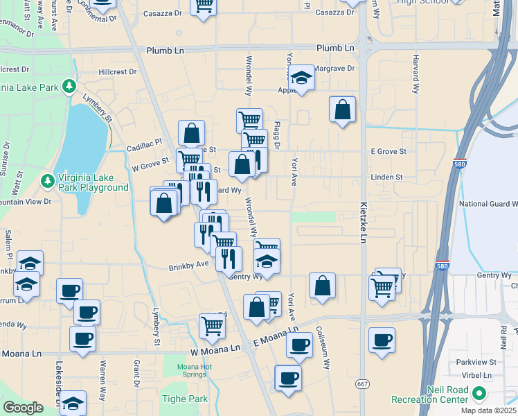 map of restaurants, bars, coffee shops, grocery stores, and more near 231 Gallaway Lane in Reno