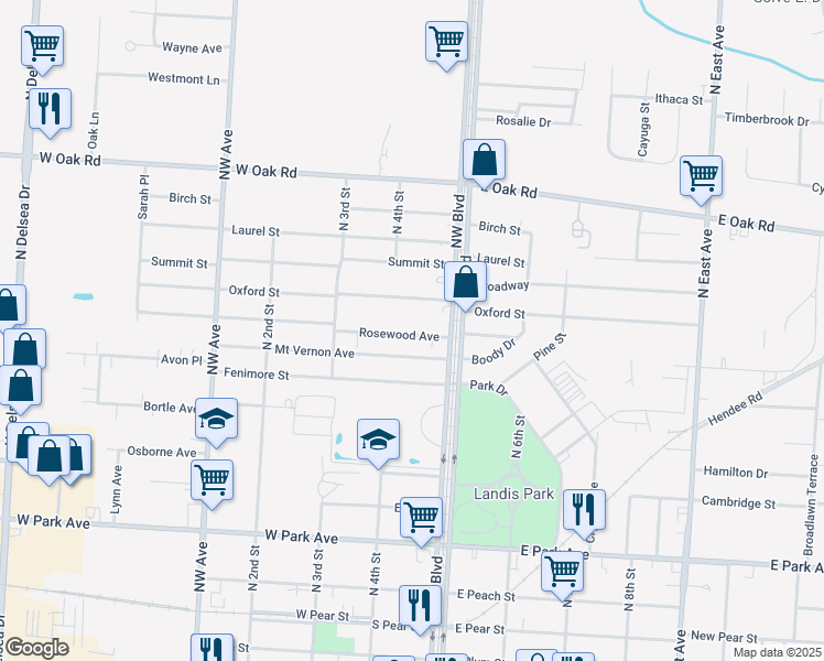 map of restaurants, bars, coffee shops, grocery stores, and more near 405 Rosewood Avenue in Vineland