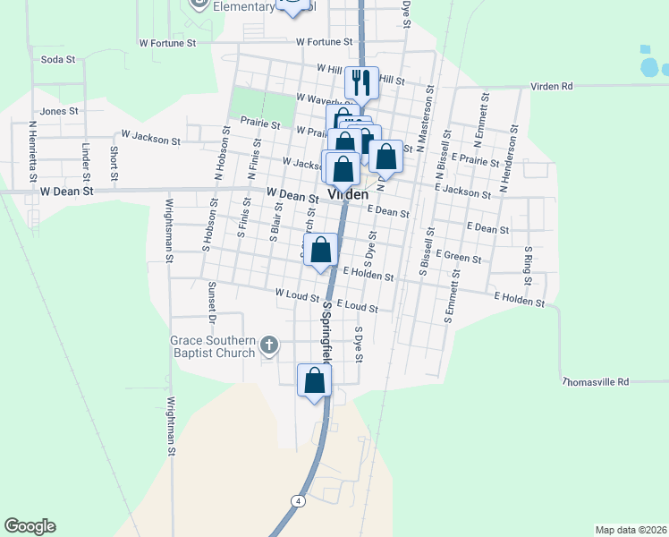 map of restaurants, bars, coffee shops, grocery stores, and more near 114 West Holden Street in Virden