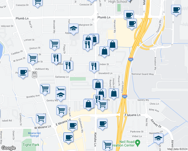 map of restaurants, bars, coffee shops, grocery stores, and more near 2755 Kietzke Lane in Reno