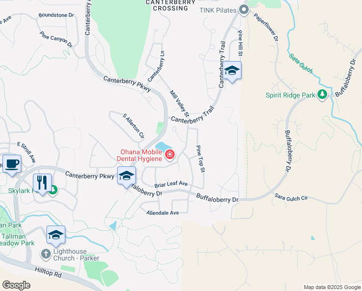 map of restaurants, bars, coffee shops, grocery stores, and more near 23287 Song Bird Hills Way in Parker